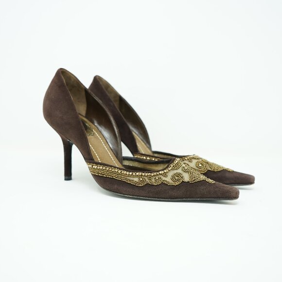 Rene Caovilla Brown Suede Beaded D'Orsay Pump Size 36.5 - Picture 1 of 11